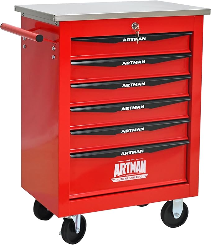 6 Drawer Rolling Tool Chest with Locker, 22.2" D Metal Movable Lockable Tool Cart Box Multi-Functional Hardware Storage Cabinet Box for Warehouse Basement Home Pantry Garage