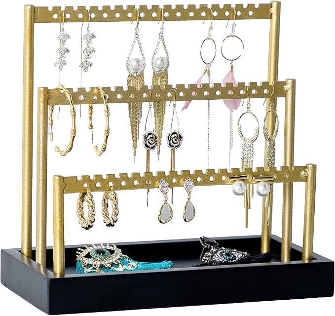 SANY DAYO HOME 3-Tier Earring Holder Organizer Stand, 105 Holes Gold Metal Earring Rack Jewelry Display Tree with Black Wood Tray for Women and Girls