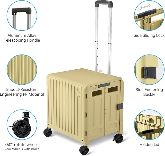 Folding Utility Cart with Wheels: Collapsible Rolling Carte for Teachers Handcart Shopping Trolley Portable Tool Box, All-Terrain Office Cart with Lid Basket Handle & Durable Frame