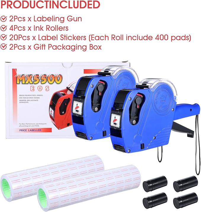 2 Pack Pricing Gun - 8 Digits Price Tag Gun with 8000 Labels & 4 Ink Rollers Kit Blue Pricing Label Maker for Retailer,Supermarket (Blue)