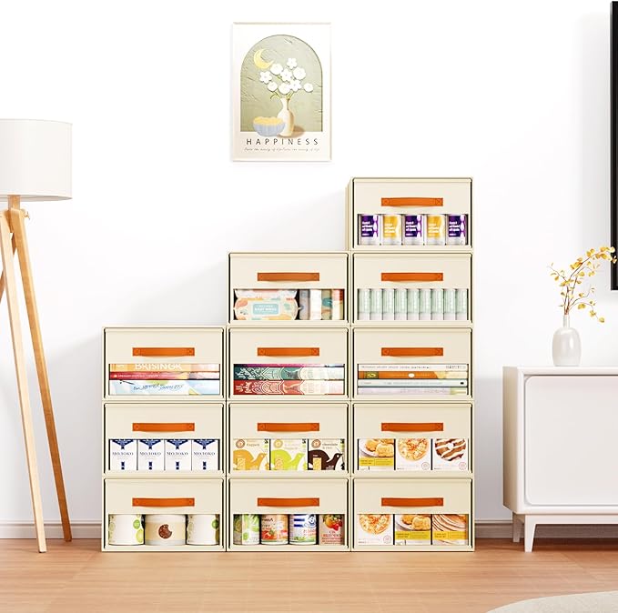 Stackable Storage Drawers - Pull Out Storage Bins with Drawers for Closet Clothes Organizers with Weekly Labels & Clear Window, Closet Shelf Storage for Bedroom, Living Room, 5 Pack, Beige