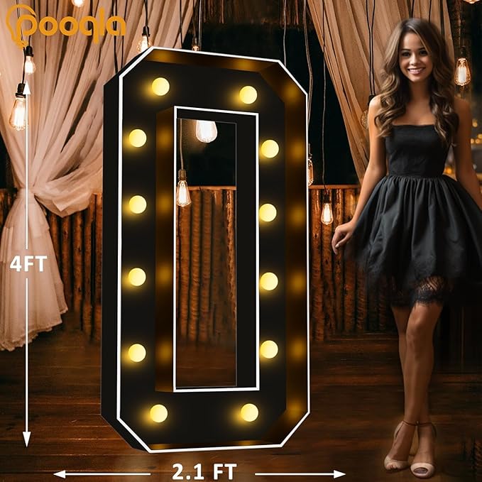 Pooqla 4 FT Light Up Marquee Numbers, Black Letter Big Mosaic Numbers 4 Feet Tall for 10th 50th Birthday, Giant Marquee Number Lights for Balloons Party Anniversary Wedding Decorations, Number 0