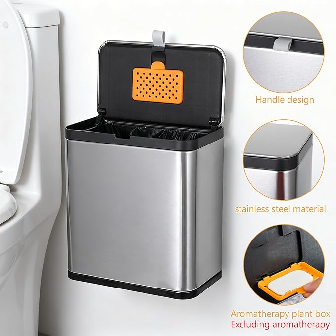 Stainless Steel Sanitary Napkin Receptacle Wall Mounted with 100pcs Trash Bags,Tampon Disposal Bin for Bathroom,Toilet Freestanding or Wall Mounted Trash Can 8x5.1x8.4