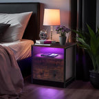 27 Inch Wide Night Stand, Large Wood Night Stand Set 2 with 2 Drawers, LED Nightstand with Charging Station and Adjustable Drawer, Bedside Table for Living Room/Bedroom/Study/Office, Retro.