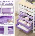 Rolling Cart with Drawers,Utility Cart with 6 Drawers,Rolling Storage Cart with Drawers and Wooden Tabletop & Lockable Wheel,Purple
