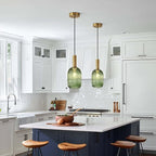 KCO Lighting Green Ribbed Glass Pendant Light Kitchen Island Small Antique Brass Ceiling Pendant Light Mid Century Modern Dining Room Hanging Light Fixture Gold Globe Pendant Lighting
