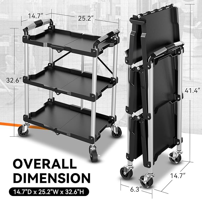 Auto Dynasty 3-Tier Folding Utility Cart with Wheels Lockable, 265LB Heavy Duty Collapsible Service Cart Foldable Rolling Carts for Home, Garage, Warehouses, Restaurants, Workshops