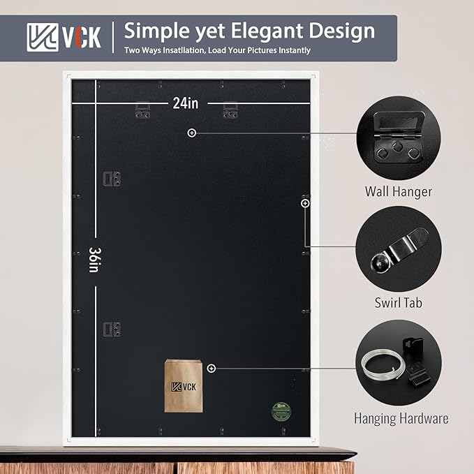 VCK 24x36 Poster Frame White - with Mat 20x30, Textured Exclusive Solid Wood Picture Frame, Horizontal and Vertical Formats with Included Hanging Hardware - 2 Pack