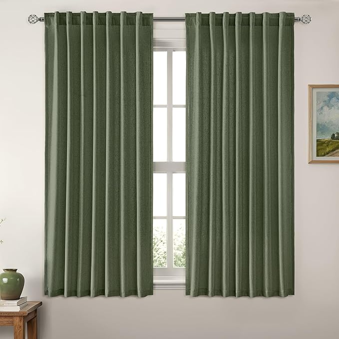 MIULEE Non-See-Through Privacy Linen Curtains 2 Panels, Light Filtering Window Curtains Farnhouse Textured Back Tab Semi Sheer Drapes for Bedroom Living Room, 52 x 63 Inches Long, Olive Green