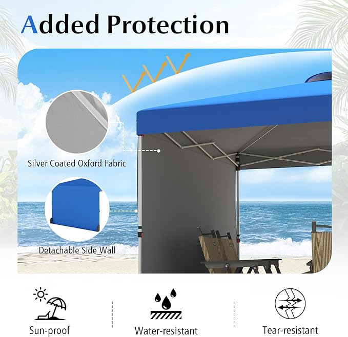 Tangkula 10x10 FT Pop up Canopy with Sidewall, Easy Setup Outdoor Tent with Wheeled Bag, 4 Sandbags, 4 Ropes, 4 Anchors, 8 Stakes, Vented Top, Portable Canopy Tent for Party Event Patio (Blue)