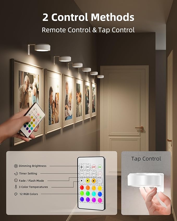 EZVALO Picture Lights for Wall, Rechargeable Battery Magnetic Poster Lights with 3 Color Temps & 12 RGB, Remote Dimmable Timer Light, Wall Decor Light for Art Display (6 Pack with Charging Station)
