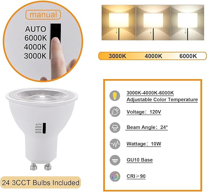 Dimmable LED GU10 Track Lighting Kit with Replaceable GU10 Bulbs, 24-Pack All-in-One Plug in 3CCT Ceiling Spotlights with 26FT Track Rails, Accent Lighting for Home, Store, Moblie Cart and Office