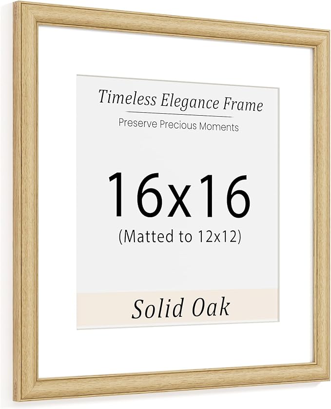 Natural Oak 16x16 Picture Frames Mat to 12x12 Picture Display,Original Wood Handcrafted Poster Frame,Wooden Frame 16x16 with Tempered Glass Graduation Family Wedding Photo Wall Mounted