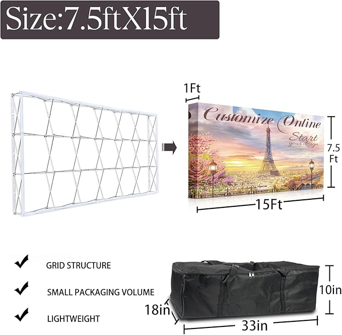 Customize Trade Show Fabric Pop Up Display Tension Fabric Banner Portable Aluminum Display Store Sign Holders Booth Holder Print and Frame Set 15×7.5 FT