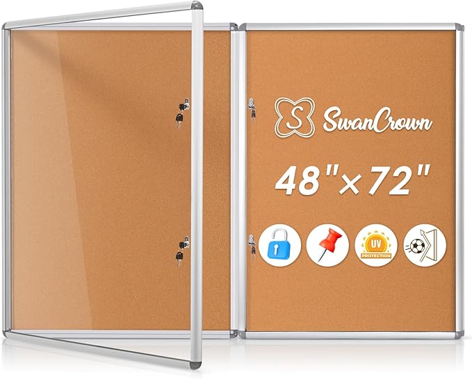 SWANCROWN Enclosed Bulletin Board 48x36 in, Tamperproof Lockable Cork Board Wall Display Case with 2 Locks for Office School Home, Aluminum Frame, Pack of 2