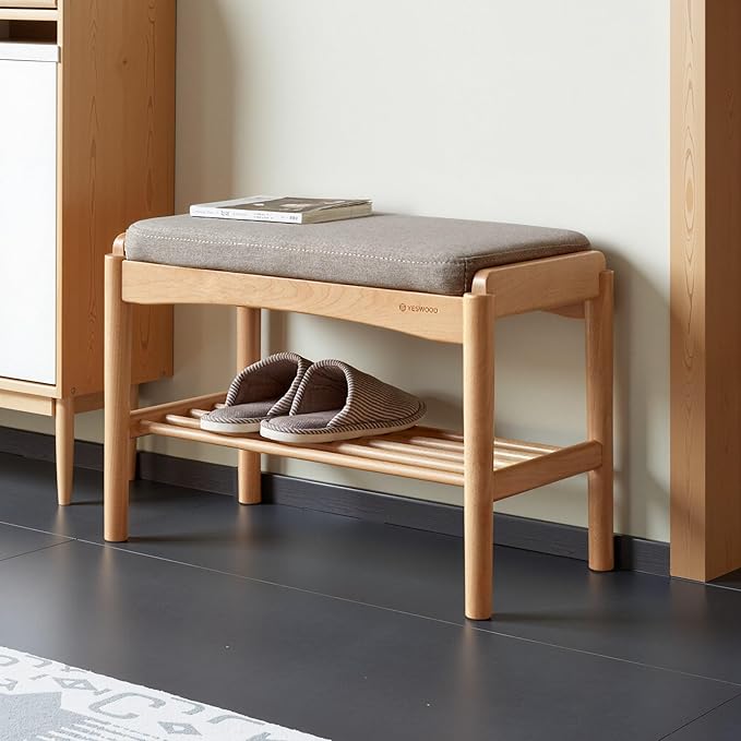 Solid Wood Shoe Bench Assembled, Shoe Rack Bench with Gray Cushion for Entryway, Living Room, Bedroom, Hallway, 11.8" x 23.6" x 16.5", Natural