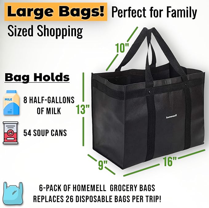 Homemell Heavy Duty Reusable Grocery Bags, Large Collapsible Tote Bag Holds 100 LBS, Extra-Strength Premium Material (Black, 4-Pack)