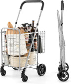 Goplus Folding Shopping Utility Cart, Double Basket and 360° Swivel Wheels, Adjustable Handle, Small Cart Perfect for Grocery Laundry Book Luggage Travel