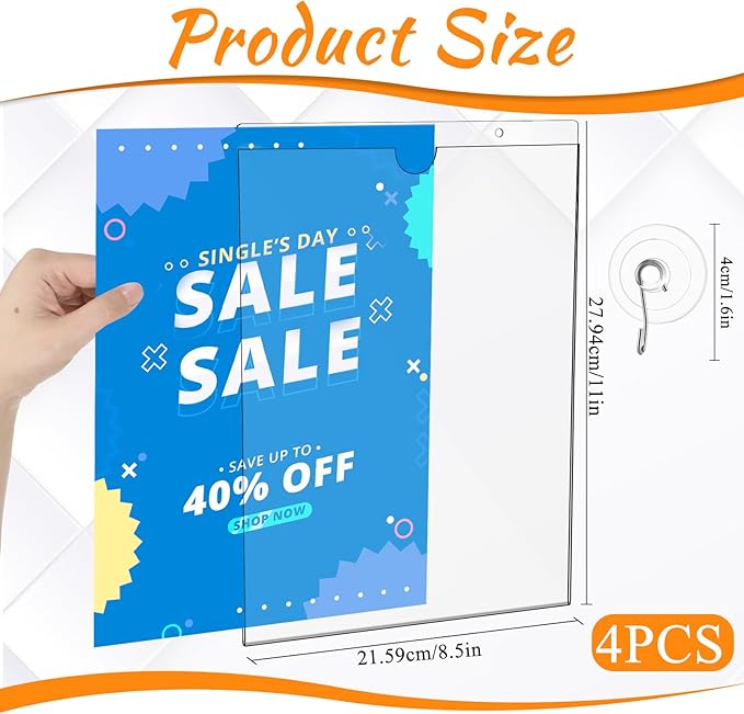 4 Pcs Acrylic Window Sign Holder Suction Cups 8.5 x 11 Inch Glass Door Sign Holder with Suction Cup Hooks Hangers Wall Mount Advertising Frames for Office, Store, Home, Restaurant Use