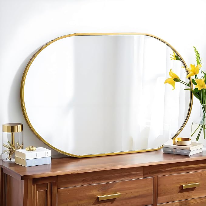 36x24 Mirror Runway Oval Wall Mounted Aluminum Alloy Metal Frame Rectangle Mirrors for Entryway Bedroom Bathroom Living Room 36 24 inch Gold