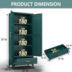 Metal Storage Cabinet,75" Tall Kitchen Pantry Storage Cabinet with Doors and Adjustable Shelves, Green Metal Pantry Cabinets with Drawer, Large Cupboard for Kitchen, Dining Living Room