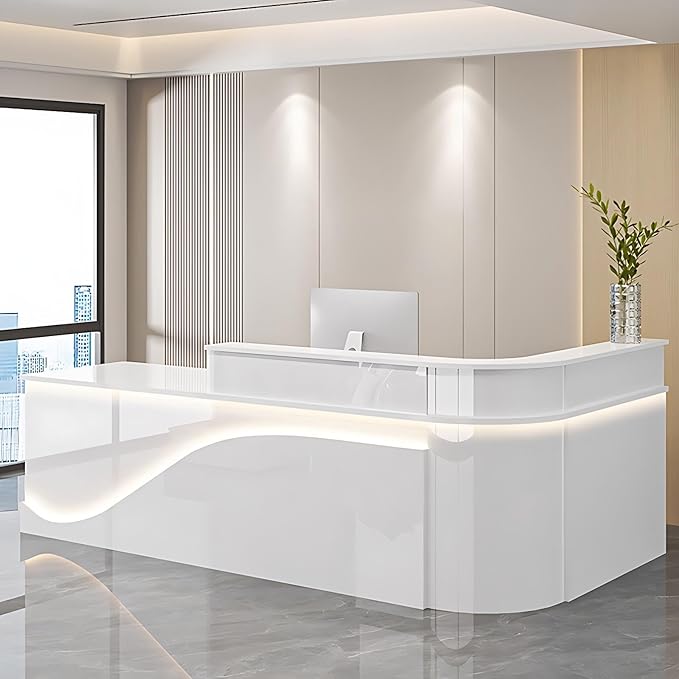 Modern Reception Desk – Front Desk, Reception Counter for Office, Checkout Counter, LED Lighting, Storage, Soft Close Drawers, Custom Logo, Fully Assembled (A,120IN)