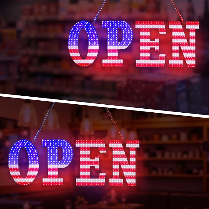 30"x10" Large LED Open Sign for Business - Unique Design super Bright Open Signs With chain - High Visibility for Stores, Bar, Hotel, Retail Shops,Window, Salon, Restaurant, Office (American Flag, 30x10)