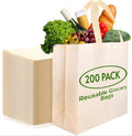Simply Cool 200 Pack Reusable Eco-Friendly Grocery Shopping Bags 12.6"x6.3"x11.8" Durable, Recyclable, Washable, Foldable, Portable Tote Bags Bulk (Cream)