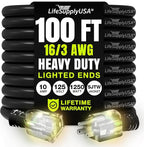 100ft Outdoor/Indoor Extension Cord 16/3 Gauge Heavy Duty 3 Prong SJTW, Waterproof, Flexible Cold-Resistant Long Power Cord,10A 125V 1250W, Black by LifeSupplyUSA