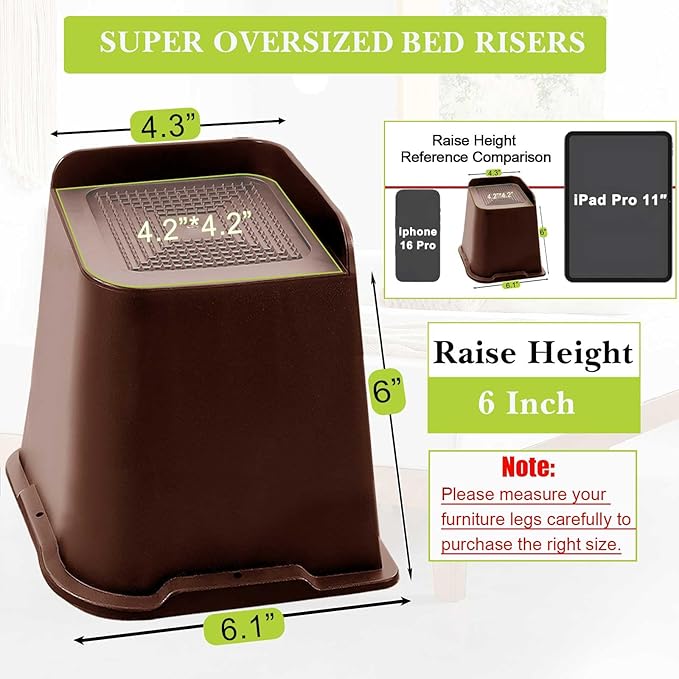 Bed Risers 1 inch, 2 inch, 3 inch, 4 inch, 6 inch, 8 inch Heavy Duty, Oversized Furniture Riser for Couch Sofa Table Chair Leg Frame Dorm, Support up to 6000 Lbs (Chocolat Brown 8 Pack, 6 inch)