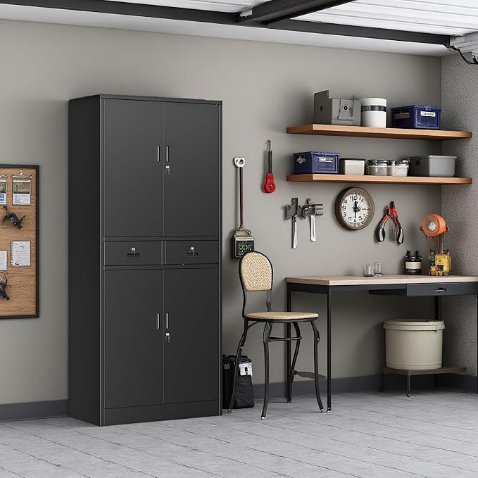 BESFUR 71" H Metal Storage Cabinet with 1 Lockable Drawer and 2 Lockable Doors, Garage Storage Cabinet with 2 Adjustable Shelves, Locking Cabinet for Garage, Office, School - Black