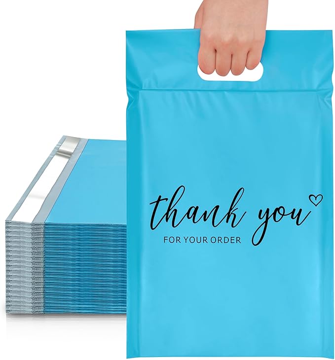 JinRuiKJ Poly Mailers with Handle 12x15.5 Inch 50 Pcs, Easy to Carry Packaging Bags for Small Business, Thank You Shipping Bags with Self Adhesive Strip, Tearproof and Waterproof - Blue
