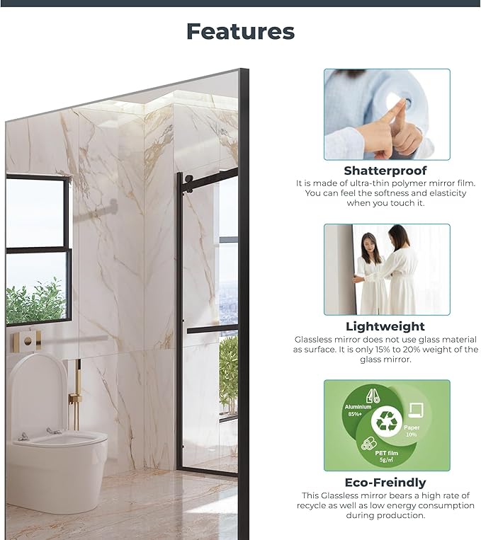 Unbreakable Glassless Mirror Ultra Light Shatterproof Wall Mounted Large Mirror for Dance Studio and Bedroom,0.04mm Nano Film, 30" x 40" Black