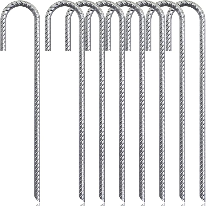 ASDFGHT J Hook Rebar Stakes 12 & 16 Inch (Black or Silver), Heavy Duty Professional Quality Ground Anchors for Chainlink Fence, Sports nets, Camping, Trampolines, Irrigation Pipes and Garden