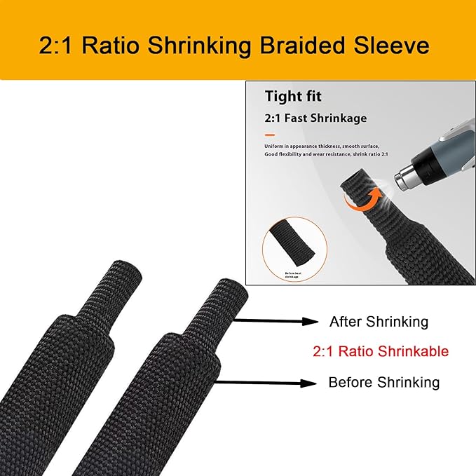 Heat Shrink Braided Sleeving 2:1 Shrinkable Fabric Cable Sheathing Wire Tubing Management Abrasion Protectors Flexibility 3/8" ID-16FT