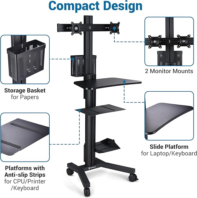 Yescom Mobile Computer Cart on Wheels Rolling PC Stand Desk Work Station Dual Monitor Mount Adjustable Keyboard Tray CPU Printer Holder for Lab Warehouse Black