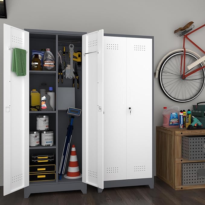 LUCYPAL Metal Garage Storage Cabinet,Broom Closet Storage Cabinet with Locking Doors and Shelves,Cleaning Tool Cabinets with Hanging Rods for Kitchen,Garage,White&Grey 65" H