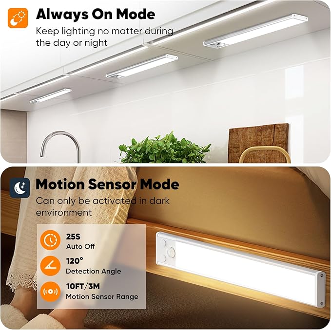 Motion Sensor Under Cabinet Lights, 2500mAh 12inch Battery Operated Wireless Under Counter Lights Indoor, Magnetic 108-LED Dimmable Closet Lights for Kitchen with 3 Color Temperature, 3 Packs