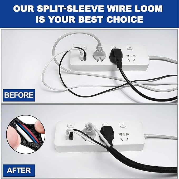 Wire Cord Protector Wire Loom Tubing, 25ft - 1/4 inch Cable Sleeve Split Sleeving for USB Cable，Computer Electrical Wire Power Cord Audio Video Cable Black