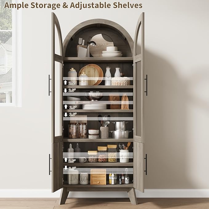 71" Modern Fluted Display Cabinet with Glass Door, Arched Curio Cabinet with Adjustable Shelf, Bookcase for Collectibles Books, Storage Cabinet for Living Room, Dining Room, Grey