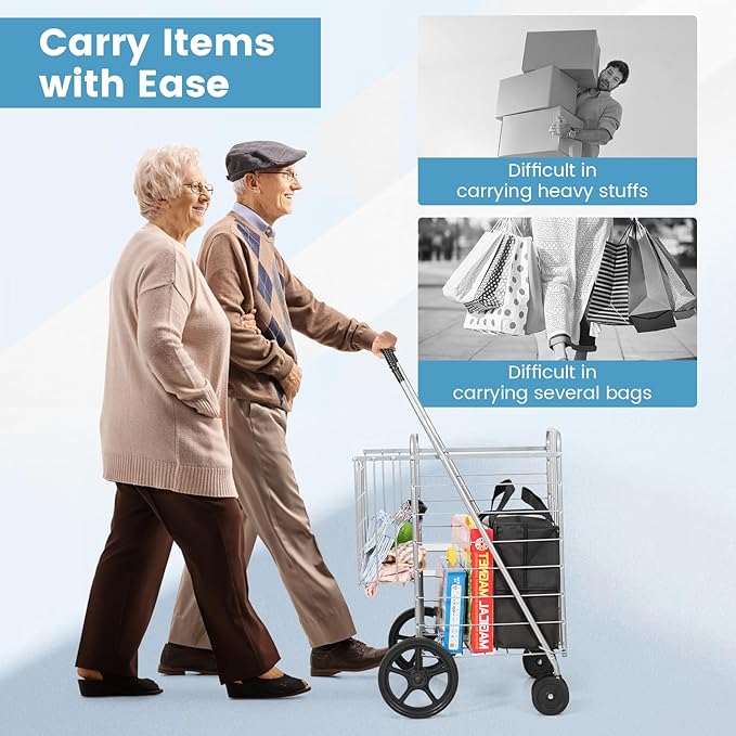 COSTWAY Folding Shopping Cart, Metal Grocery Cart with Extra Basket, 360° Swiveling Front Wheels & Comfortable Handle, Light Weight Collapsible Utility Cart for Laundry, Camping (Silver)