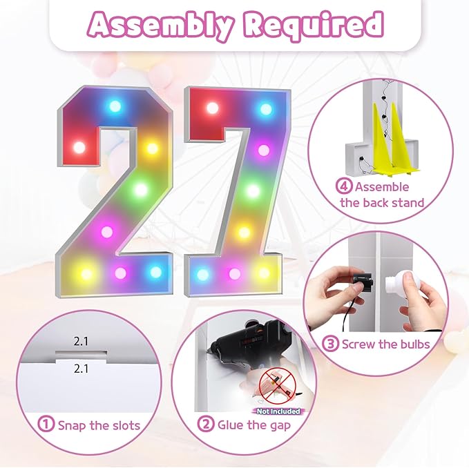 Marquee Numbers 27th Birthday Decoration: Colorful 3FT Large Light Up 27 Year Old Birthday Decorations Anniversary Backdrop Cardboard Sign 18 Colors Number 27 Mosaic Balloon Frame