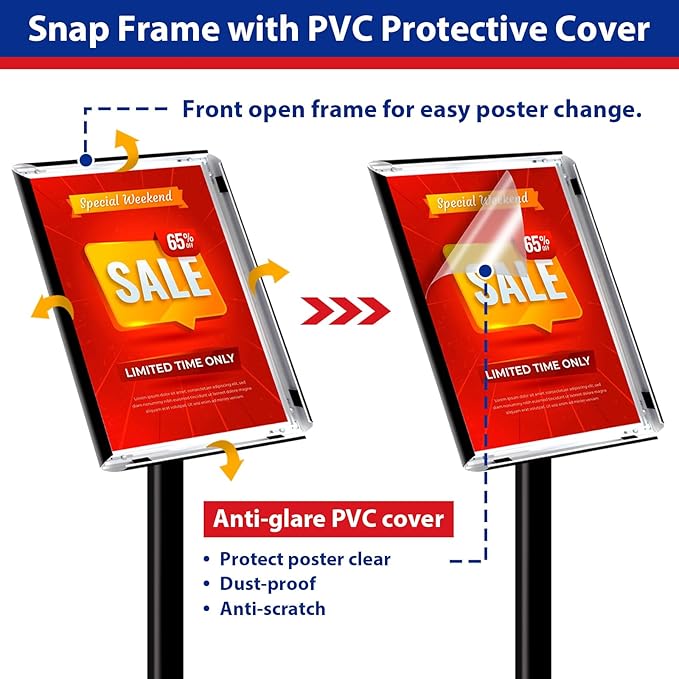 Pedestal Sign holder Stand 8.5x11inch Adjustable Standing Floor Sign Stand with Heavy Base & Snap Frame Display Stand for Indoor Outdoor Business Store Sign Holder Poster Stand (Black)