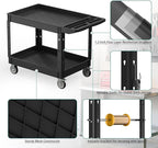 Heavy Duty Utility Rolling Tool Cart, 550 lbs Capacity Plastic Rolling Carts with 360°Swivel Wheels, 40 x 25 Inch Service Cart, 2 Shelf Work Cart for Warehouse,Garage, Cleaning, Black