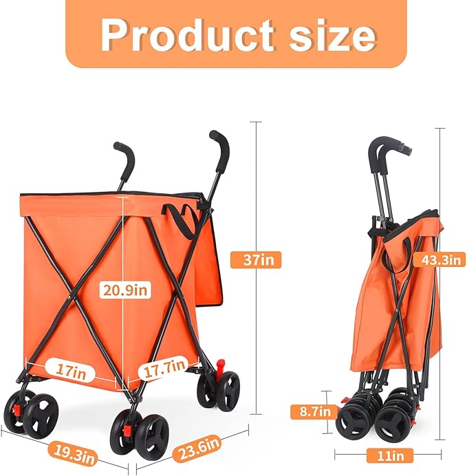 27 Gal/180 LBS Capacity Shopping Cart, Upgrade Huge Grocery Cart on Wheels,Heavy Duty Foldable Utility 360° Rolling Swivel Wheels for Shopping Picnic Groceries Laundry (Orange)