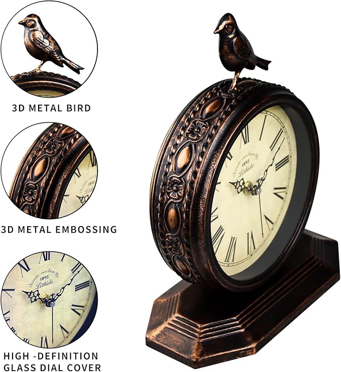 Desk Clock for Bedroom Kitchen Vintage Table Clock Mantel Desktop Farmhouse Tabletop Metal Clock for Office Living Room Silent Decor Battery Operated Bird
