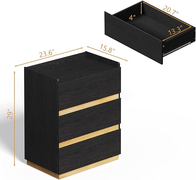 Large Modern Nightstand Black Bedside Table, 3 Drawer Dresser Wood Stackable Storage Drawers for Clothes for Closet, Bedroom, 24"x16"x29"