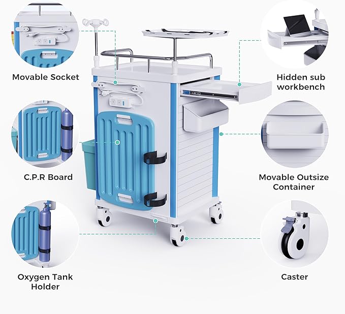 Medical Rolling Storage Crash Cart with Wheels - Adjustable IV Pole, Silent Casters, Needle Disposal Holder, Trash Bin, O2 Holder - Nursing Emergency Cart for Clinic, Hospital, Salon, Lab