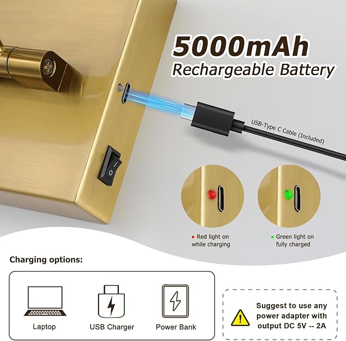 Joosenhouse Battery Operated Picture Light Set of 2, 12.6 Inch Brass Rechargeable Wall Art Light with Remote Timer and Dimmer Display Light for Bedroom, Living Room, Artwork Display