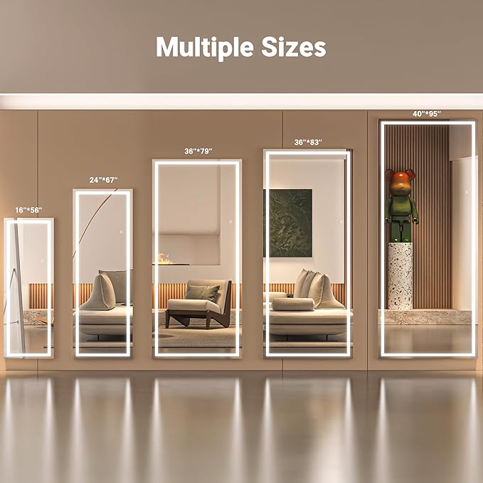 Full Length Mirror with Lights, 79" x 32" Large LED Lighted Floor Standing Body Mirror, Dimmable & 3 Color Lighting for Bedroom, Cloakroom, Dressing Room, Tempered Glass, Square Black